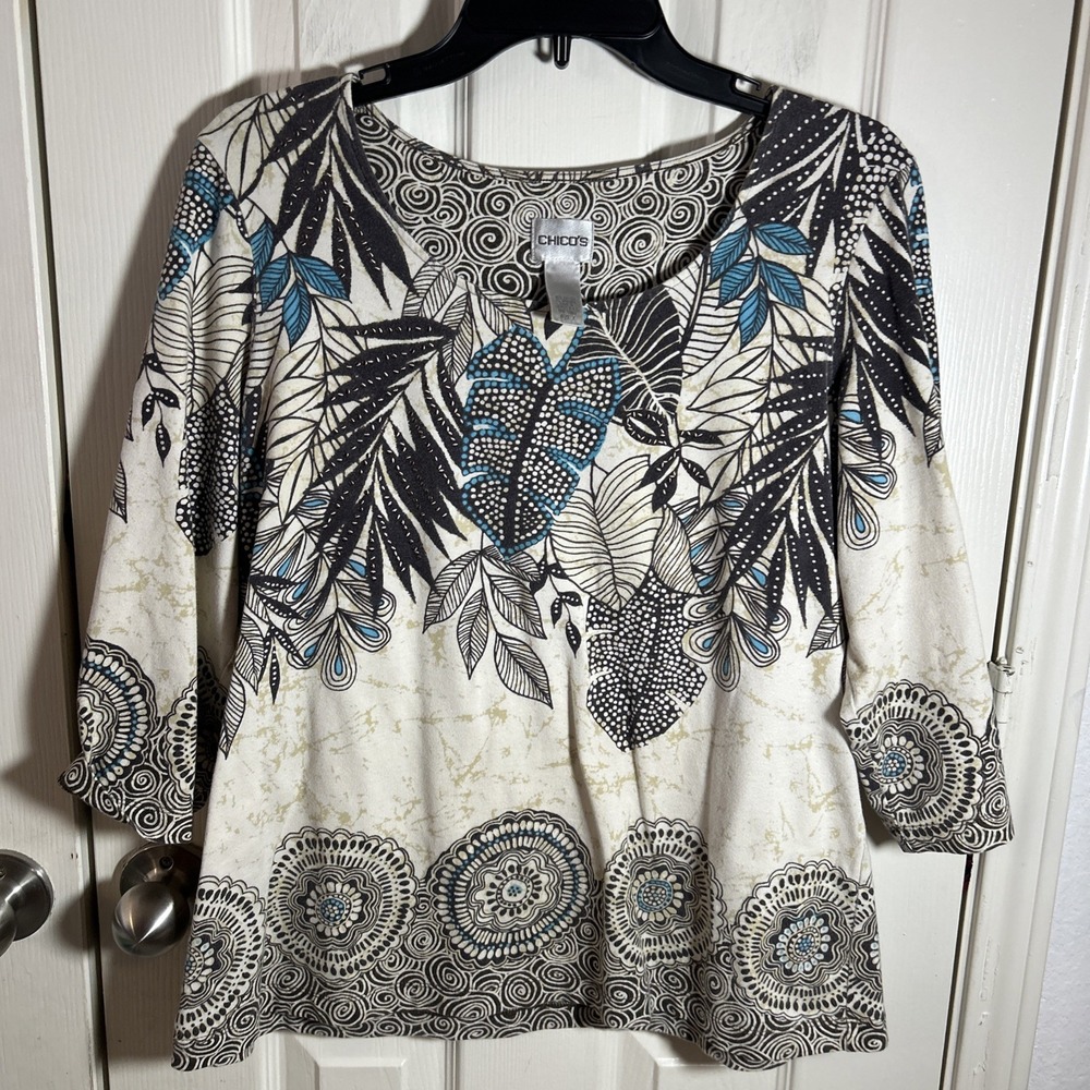 Chicos Pullover Top Women Size 2/L Floral Brown Turquoise Casual